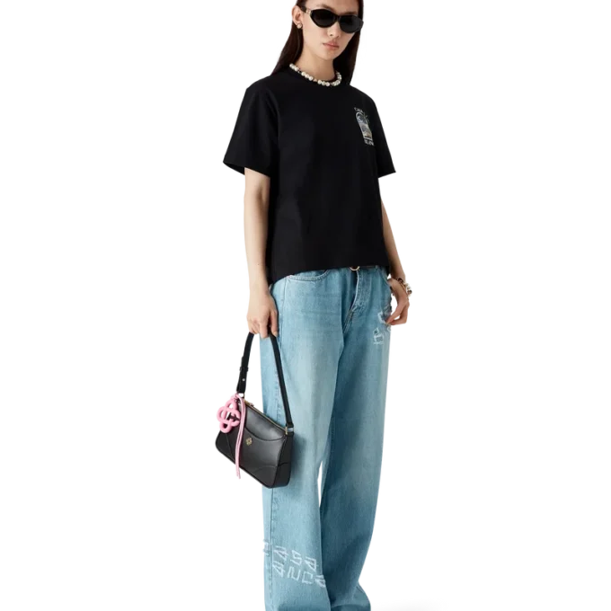 Blugi din denim cu aspect uzat și graffiti