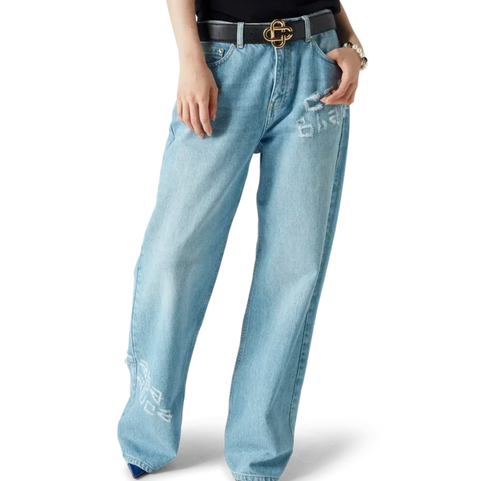 Blugi din denim cu aspect uzat și graffiti