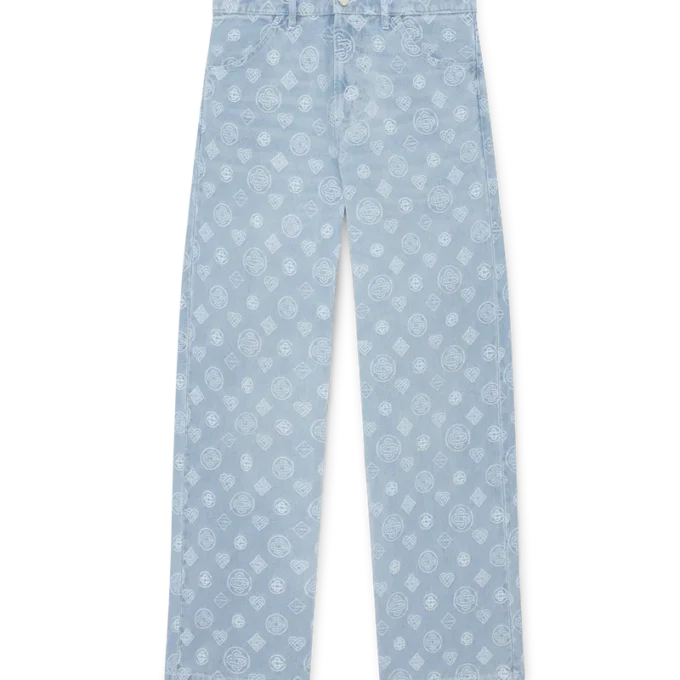 Blugi din denim cu monogramă, croială lejeră Blugi din denim cu monogramă, croială lejeră