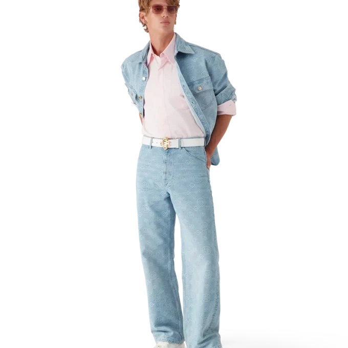 Blugi din denim cu monogramă, croială lejeră Blugi din denim cu monogramă, croială lejeră