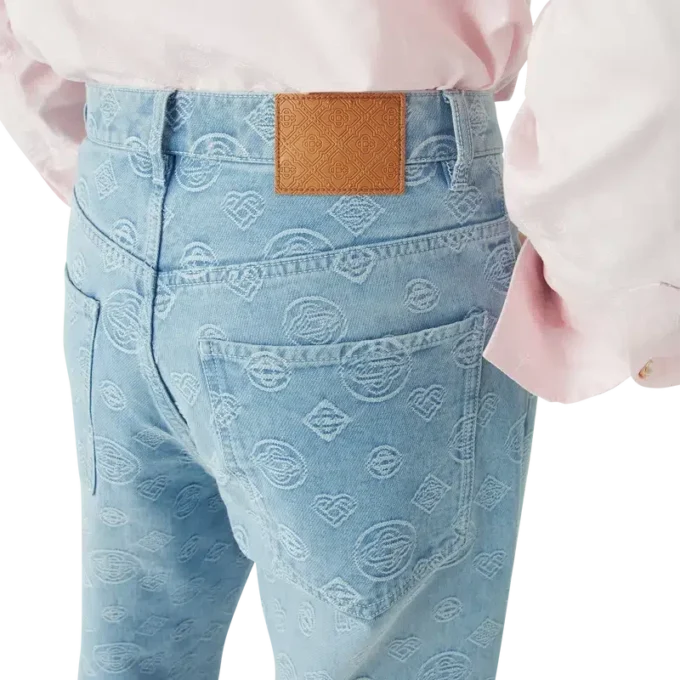 Blugi din denim cu monogramă, croială lejeră Blugi din denim cu monogramă, croială lejeră