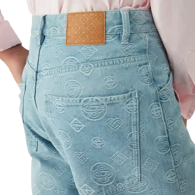 Blugi din denim cu monogramă, croială lejeră Blugi din denim cu monogramă, croială lejeră