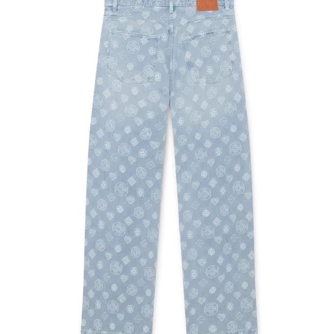 Blugi din denim cu monogramă, croială lejeră Blugi din denim cu monogramă, croială lejeră
