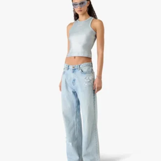 Blugi din denim cu spălare deschisă și graffiti