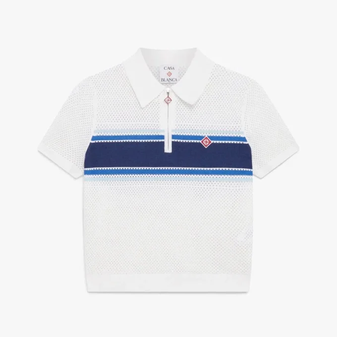 Bluză din plasă cu dungi albe și albastre