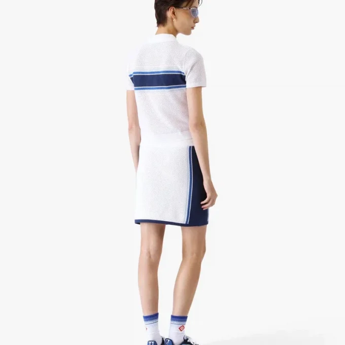 Bluză din plasă cu dungi albe și albastre