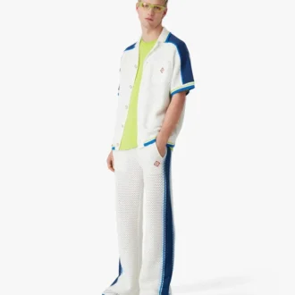 Cămășă croșetată cu mâneci scurte, albă și albastră