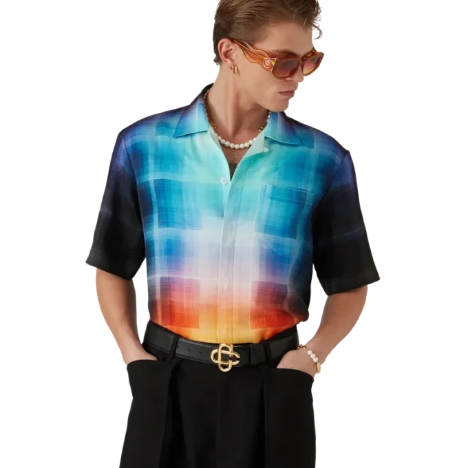 Cămășă cu mâneci scurte din amestec de viscoză cu imprimeu în degrade