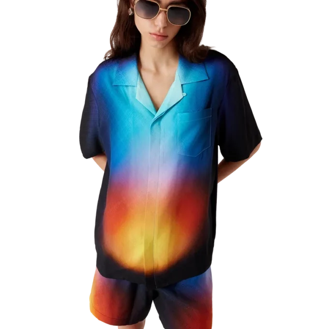 Cămășă cu mâneci scurte din mătase cu imprimeu în degrade Cămășă cu mâneci scurte din mătase cu imprimeu în degrade