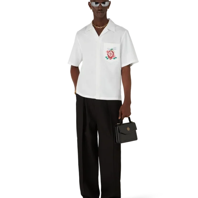 Cămășă cu mâneci scurte din poplin de bumbac brodată Cămășă cu mâneci scurte din poplin de bumbac brodată