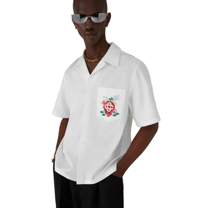 Cămășă cu mâneci scurte din poplin de bumbac brodată Cămășă cu mâneci scurte din poplin de bumbac brodată