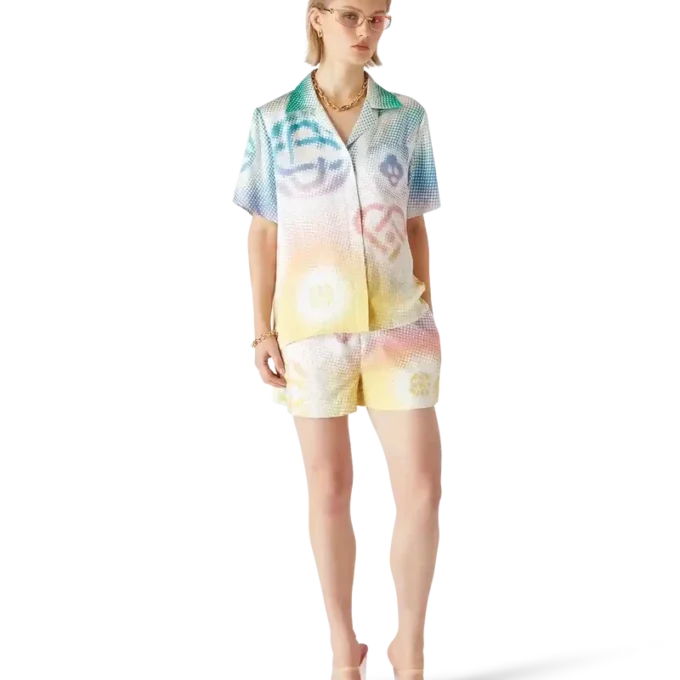 Cămășă cu mâneci scurte, guler cubanez și logo în tonuri de gri