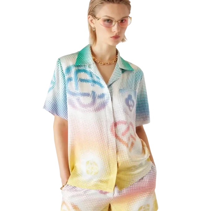 Cămășă cu mâneci scurte, guler cubanez și logo în tonuri de gri