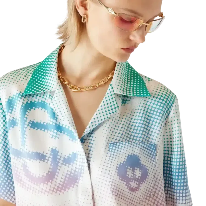 Cămășă cu mâneci scurte, guler cubanez și logo în tonuri de gri