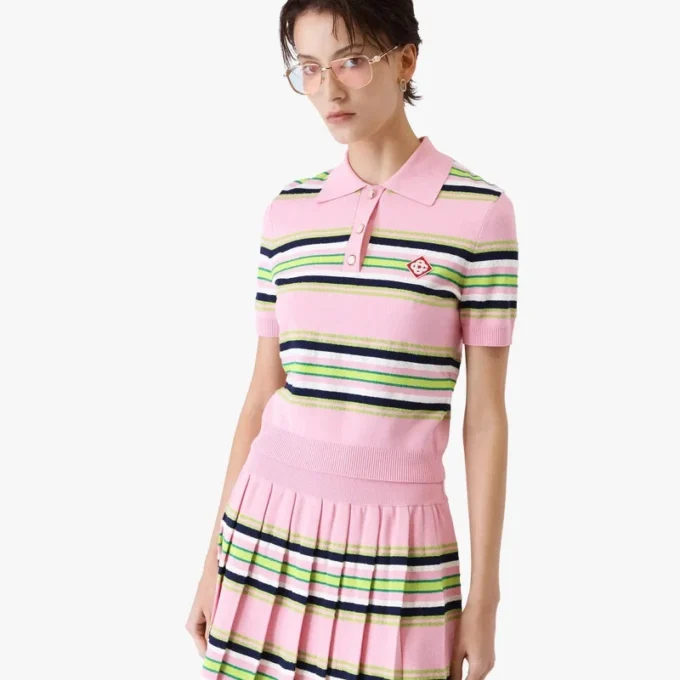 Cămășă de polo ajustată cu dungi roz și verde