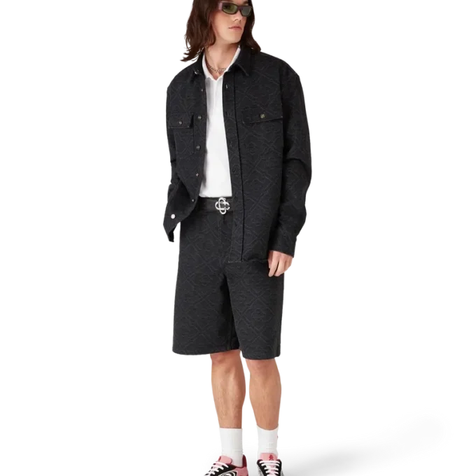 Cămășă din denim cu mâneci lungi, neagră, cu imprimeu laser