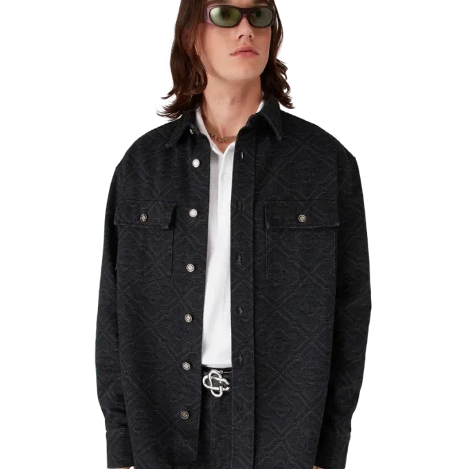 Cămășă din denim cu mâneci lungi, neagră, cu imprimeu laser