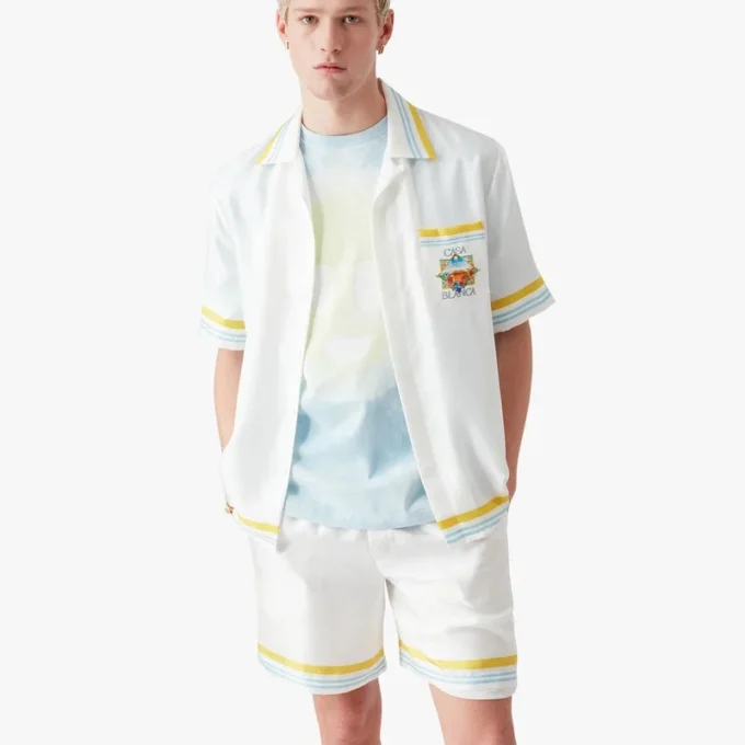 Cămășă din mătase cu mâneci scurte și imprimeu „White Tennis Landscape”