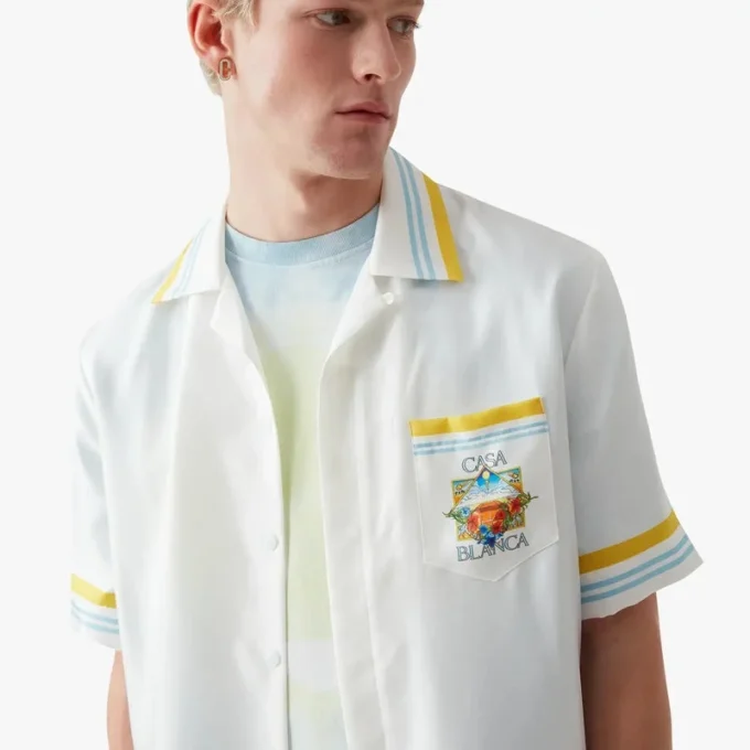 Cămășă din mătase cu mâneci scurte și imprimeu „White Tennis Landscape”