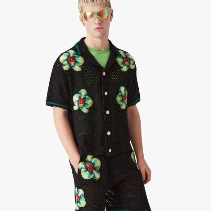 Cămașă croșetată cu pantaloni scurți și broderie Glitch Orchid