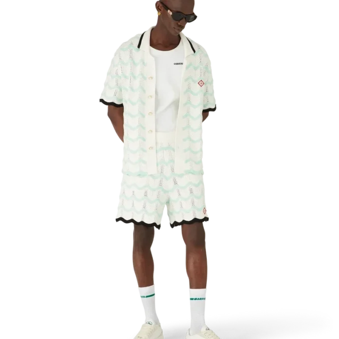 Cămașă cu mâneci scurte din bumbac croșetat cu efect de undă degradată