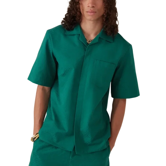 Cămașă din bumbac cu monogramă, cu mâneci scurte și imprimeu jacquard