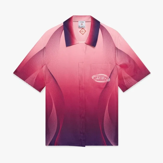 Cămașă din mătase cu mâneci scurte, guler cubanez și degrade de culoare aubergine