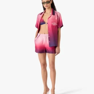 Cămașă din mătase cu mâneci scurte, guler cubanez și degrade de culoare aubergine Cămașă din mătase cu mâneci scurte, guler cubanez și degrade de culoare aubergine