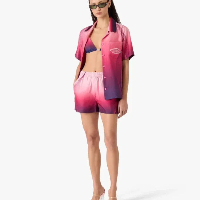 Cămașă din mătase cu mâneci scurte, guler cubanez și degrade de culoare aubergine