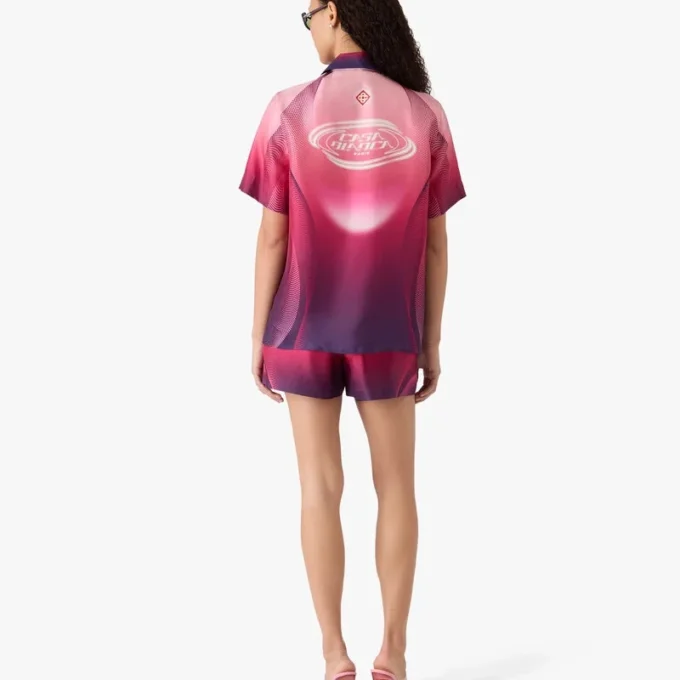 Cămașă din mătase cu mâneci scurte, guler cubanez și degrade de culoare aubergine