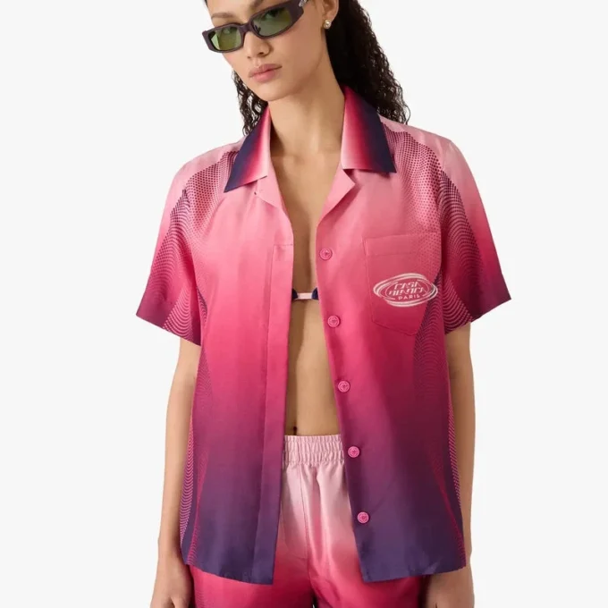 Cămașă din mătase cu mâneci scurte, guler cubanez și degrade de culoare aubergine