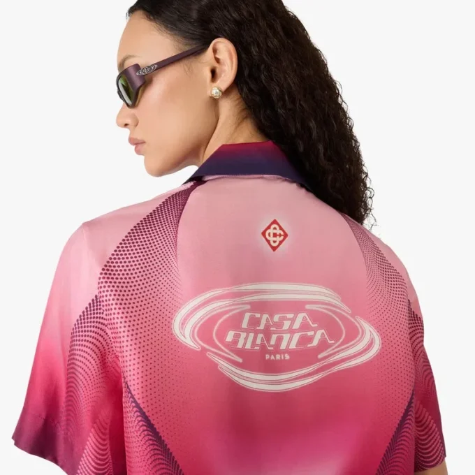 Cămașă din mătase cu mâneci scurte, guler cubanez și degrade de culoare aubergine