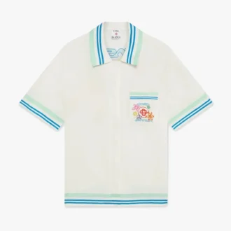 Cămașă din mătase cu mâneci scurte și guler cubanez cu imprimeu floral pe pantaloni scurți Cămașă din mătase cu mâneci scurte și guler cubanez cu imprimeu floral pe pantaloni scurți