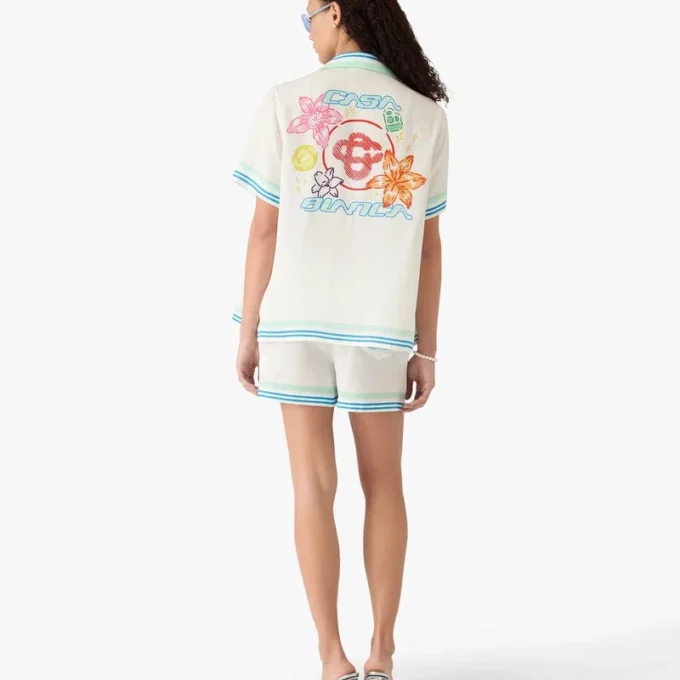 Cămașă din mătase cu mâneci scurte și guler cubanez cu imprimeu floral pe pantaloni scurți