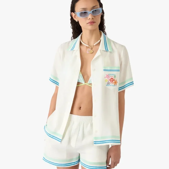 Cămașă din mătase cu mâneci scurte și guler cubanez cu imprimeu floral pe pantaloni scurți