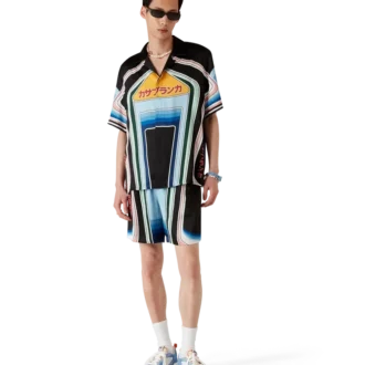 Cămașă din mătase cu mâneci scurte și imprimeu grafic cu munți