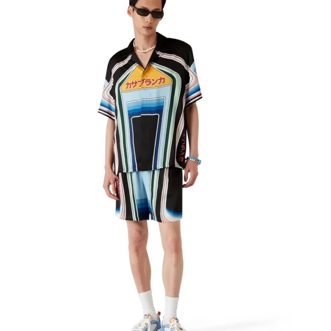 Cămașă din mătase cu mâneci scurte și imprimeu grafic cu munți