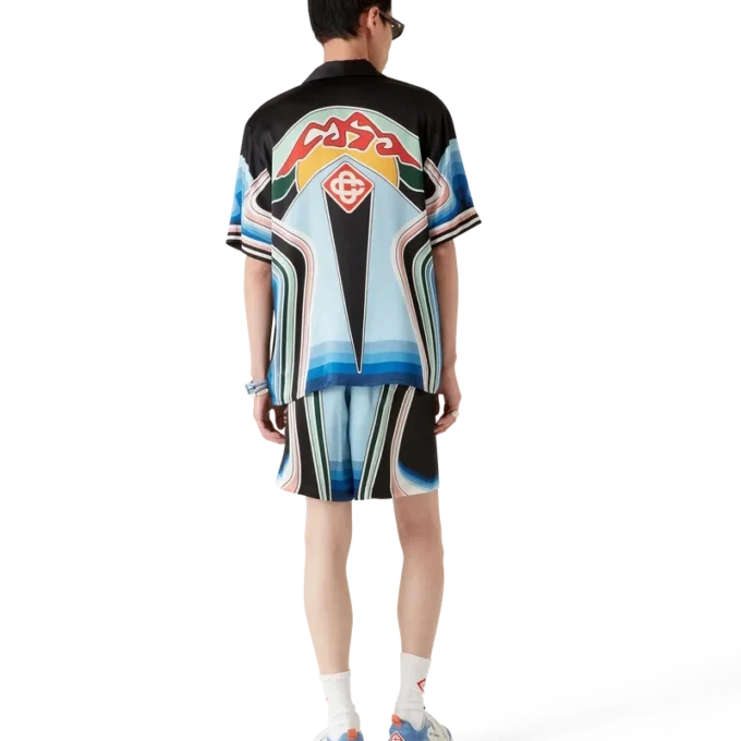 Cămașă din mătase cu mâneci scurte și imprimeu grafic cu munți