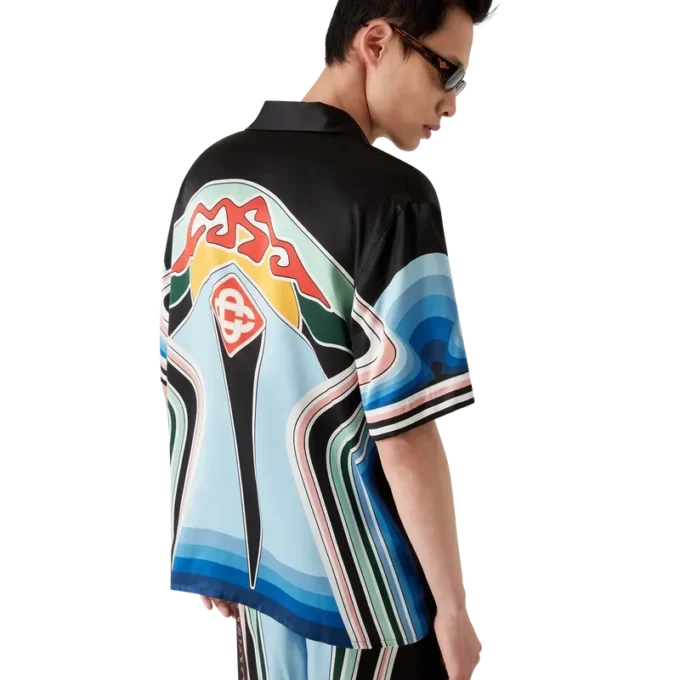 Cămașă din mătase cu mâneci scurte și imprimeu grafic cu munți