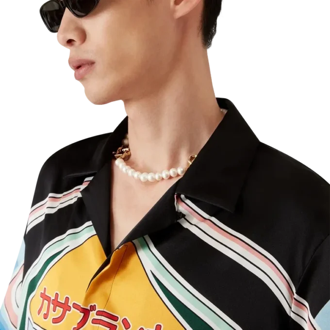 Cămașă din mătase cu mâneci scurte și imprimeu grafic cu munți