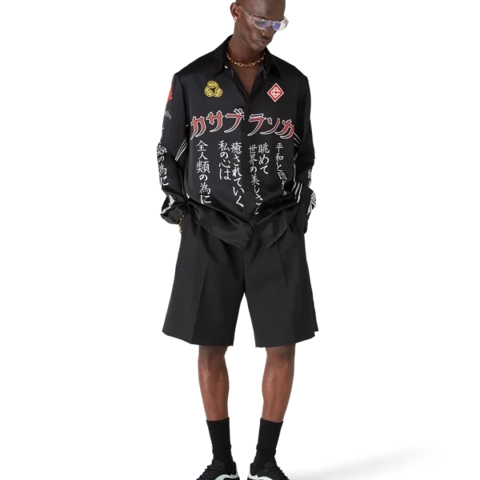 Cămașă din satin de mătase cu mâneci lungi și emblemă