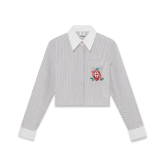 Cămașă scurtă din bumbac cu dungi subțiri și broderie