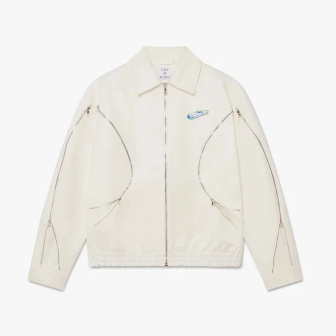 Jachetă albă din bumbac drill cu fermoar