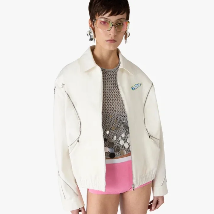 Jachetă albă din bumbac drill cu fermoar