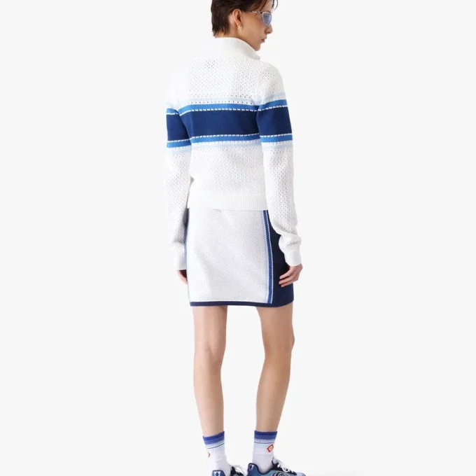 Jachetă bomber din plasă cu dungi albe și albastre