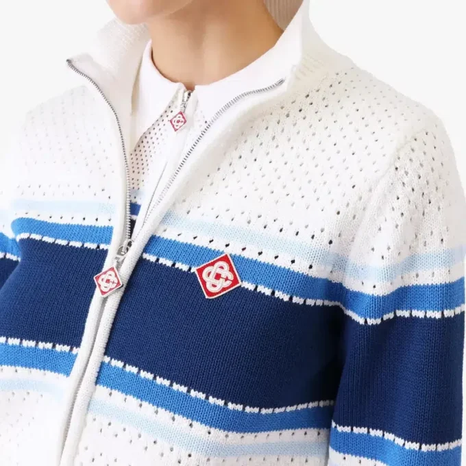 Jachetă bomber din plasă cu dungi albe și albastre