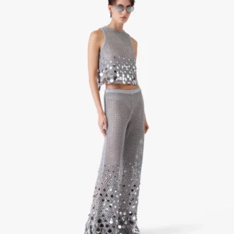 Pantaloni cu croșetat argintiu oglindă