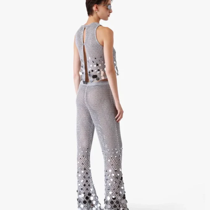 Pantaloni cu croșetat argintiu oglindă