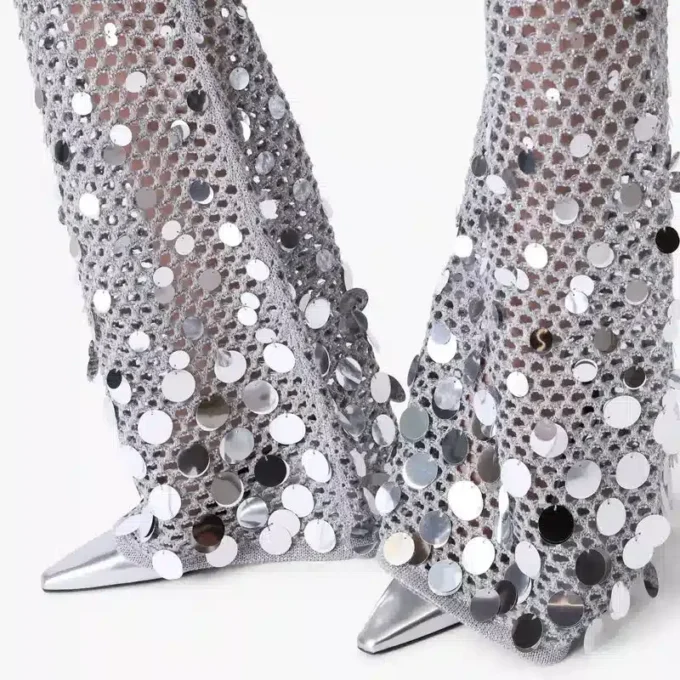 Pantaloni cu croșetat argintiu oglindă