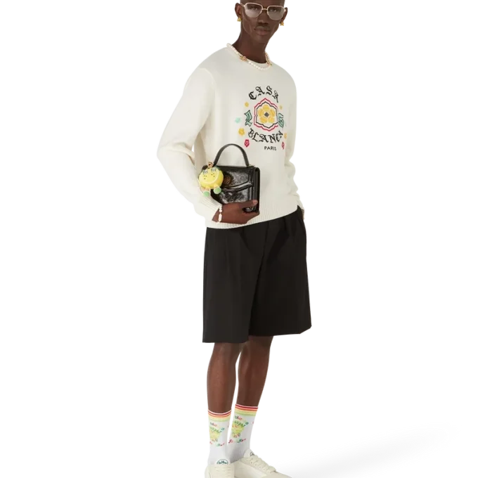 Pulover cu guler rotund din tricot de merino Emblem